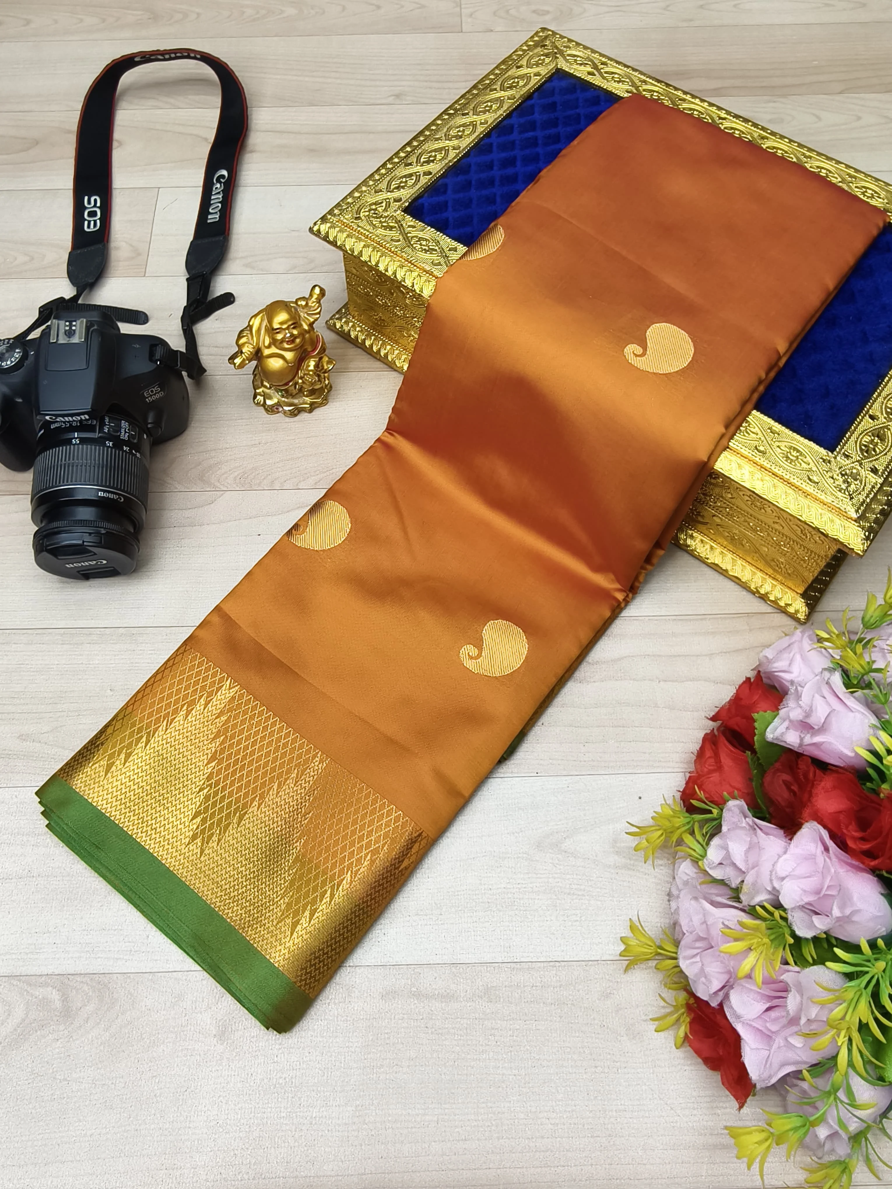 Navy Blue Large Gold Zari Paisley Mango Buttas Soft Silk Saree